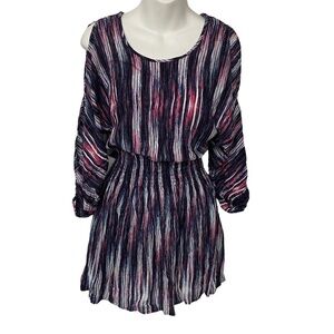Design Lab Mini Dress Size XS Cold Shoulder Navy Blue Multi Boho Rayon